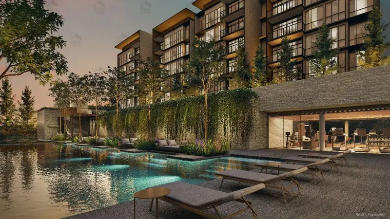 Amberwood at Holland lakeside pool at dusk, artist's impression