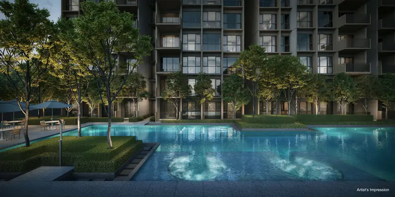 Coastal Cabana pool at night, artist's impression