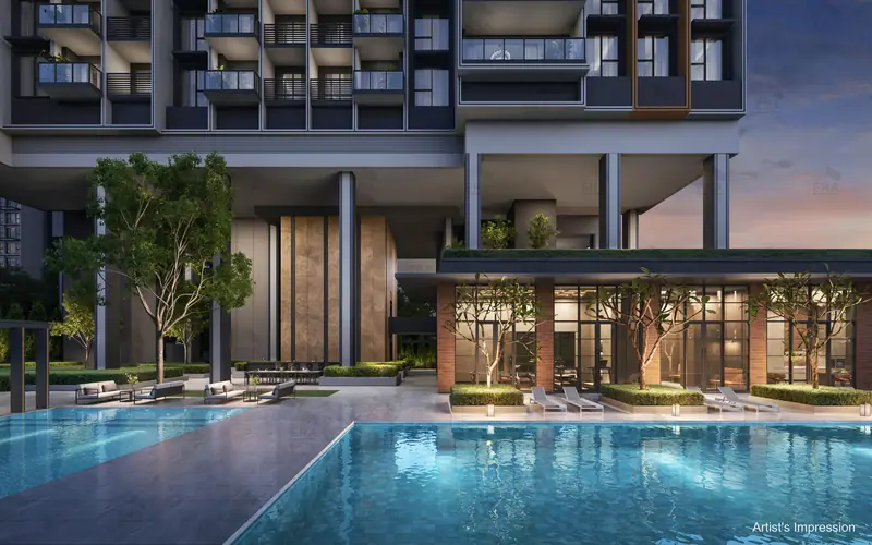 Hudson Place Residences clubhouse and pool at night, artist's impression