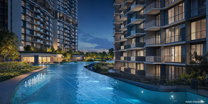 Lentor Gardens Residences pool at night, artist's impression