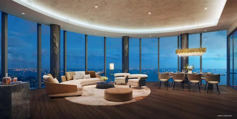 Newport Residences living room with city view, artist's impression