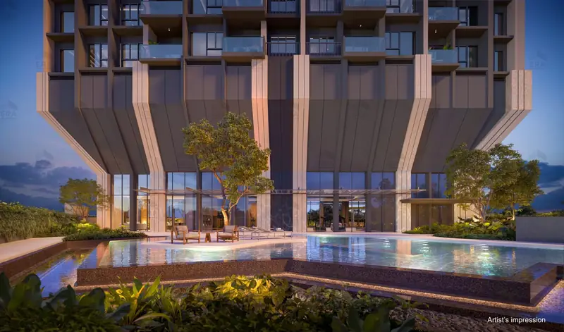 The Serra Residences pool at dusk, artist's impression